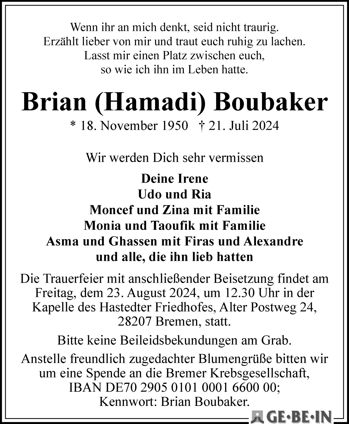 Traueranzeige von Brian Boubaker von WESER-KURIER