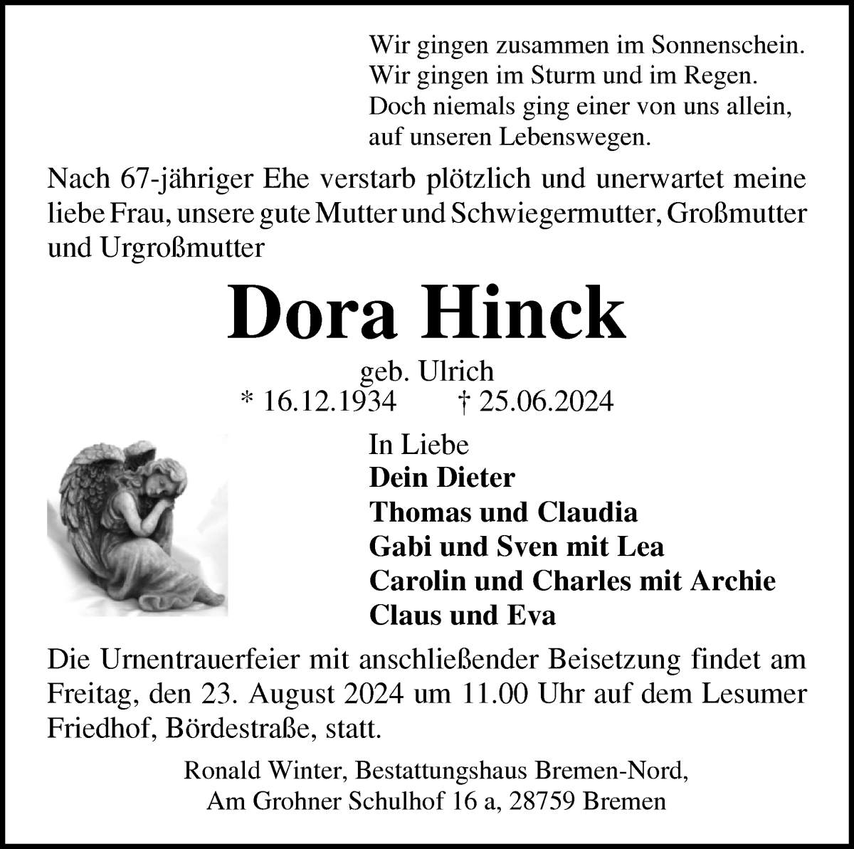 Traueranzeige von Dora Hinck von Die Norddeutsche