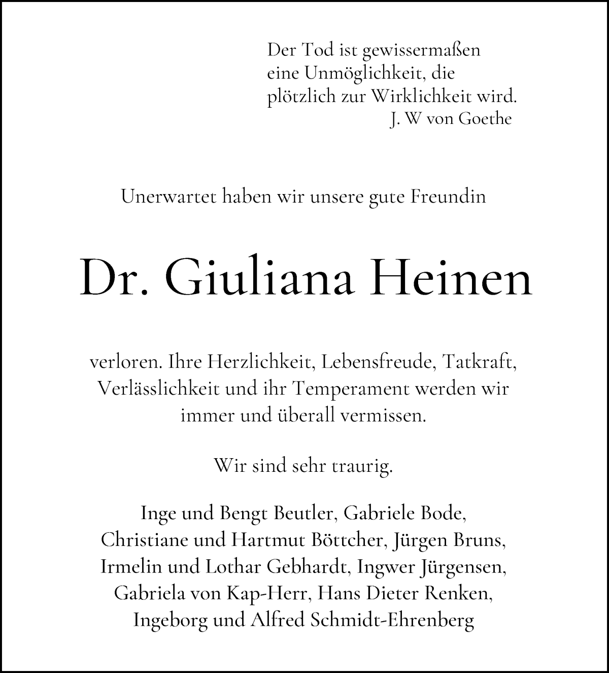 Traueranzeige von Dr. Giuliana Heinen von WESER-KURIER