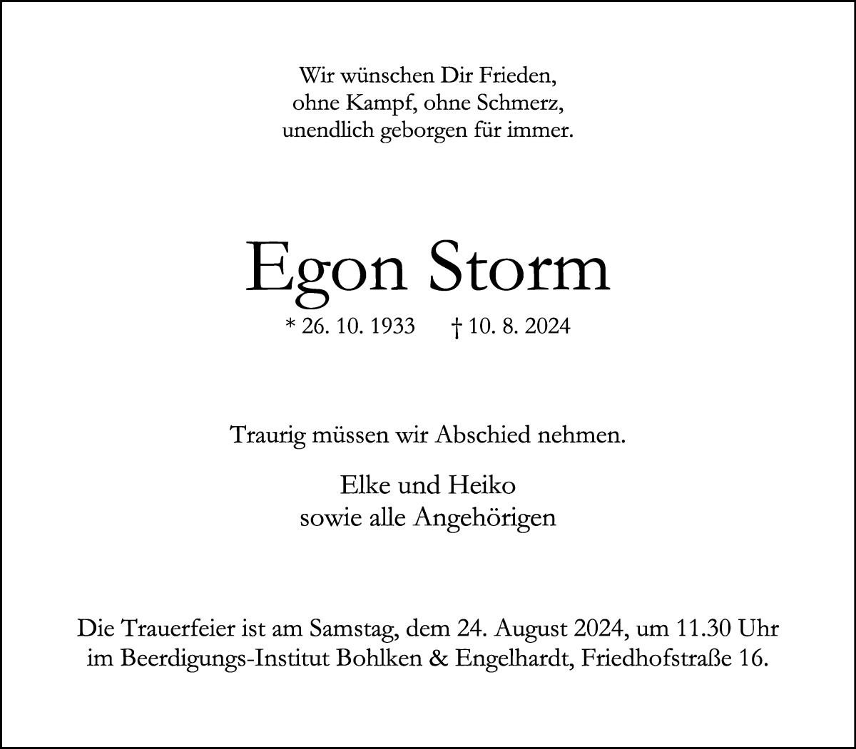 Traueranzeige von Egon Storm von WESER-KURIER