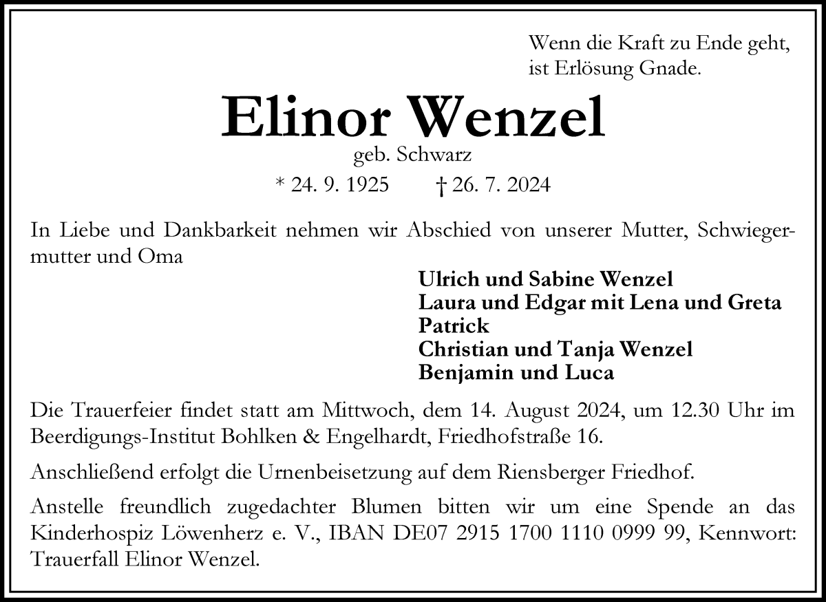 Traueranzeige von Elinor Wenzel von WESER-KURIER