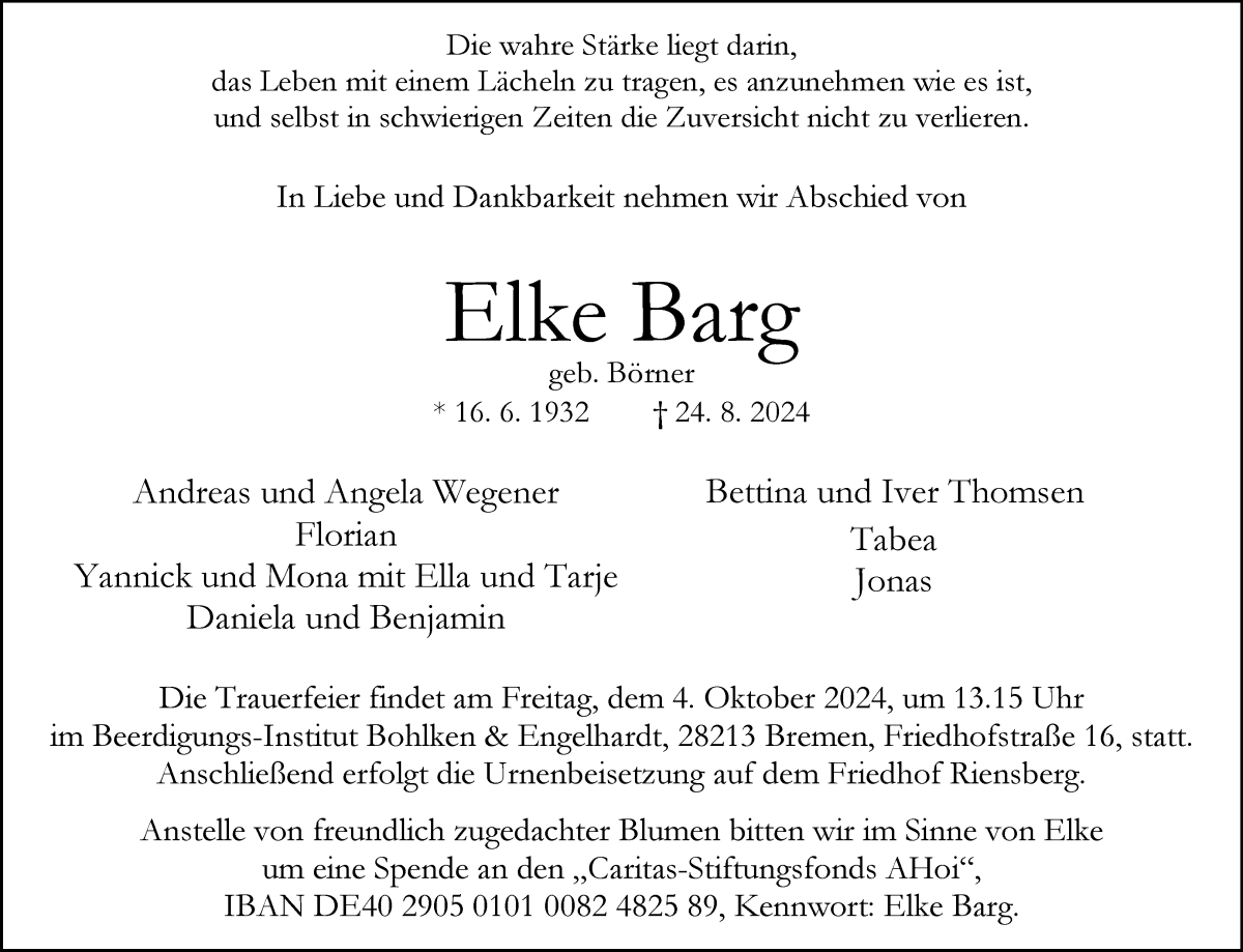 Traueranzeige von Elke Barg von WESER-KURIER