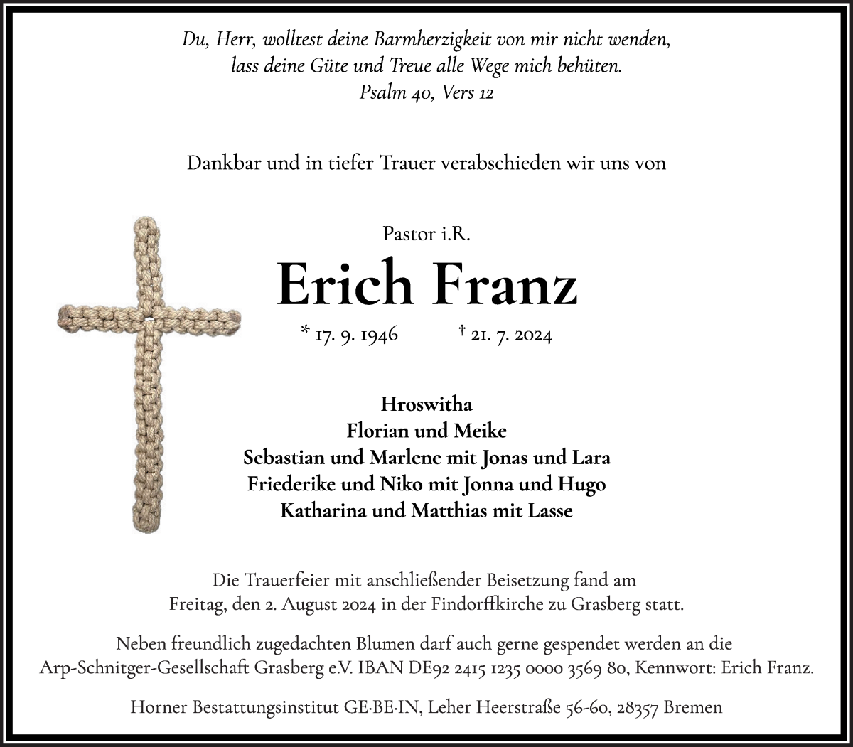 Traueranzeige von Erich Franz von Wuemme Zeitung