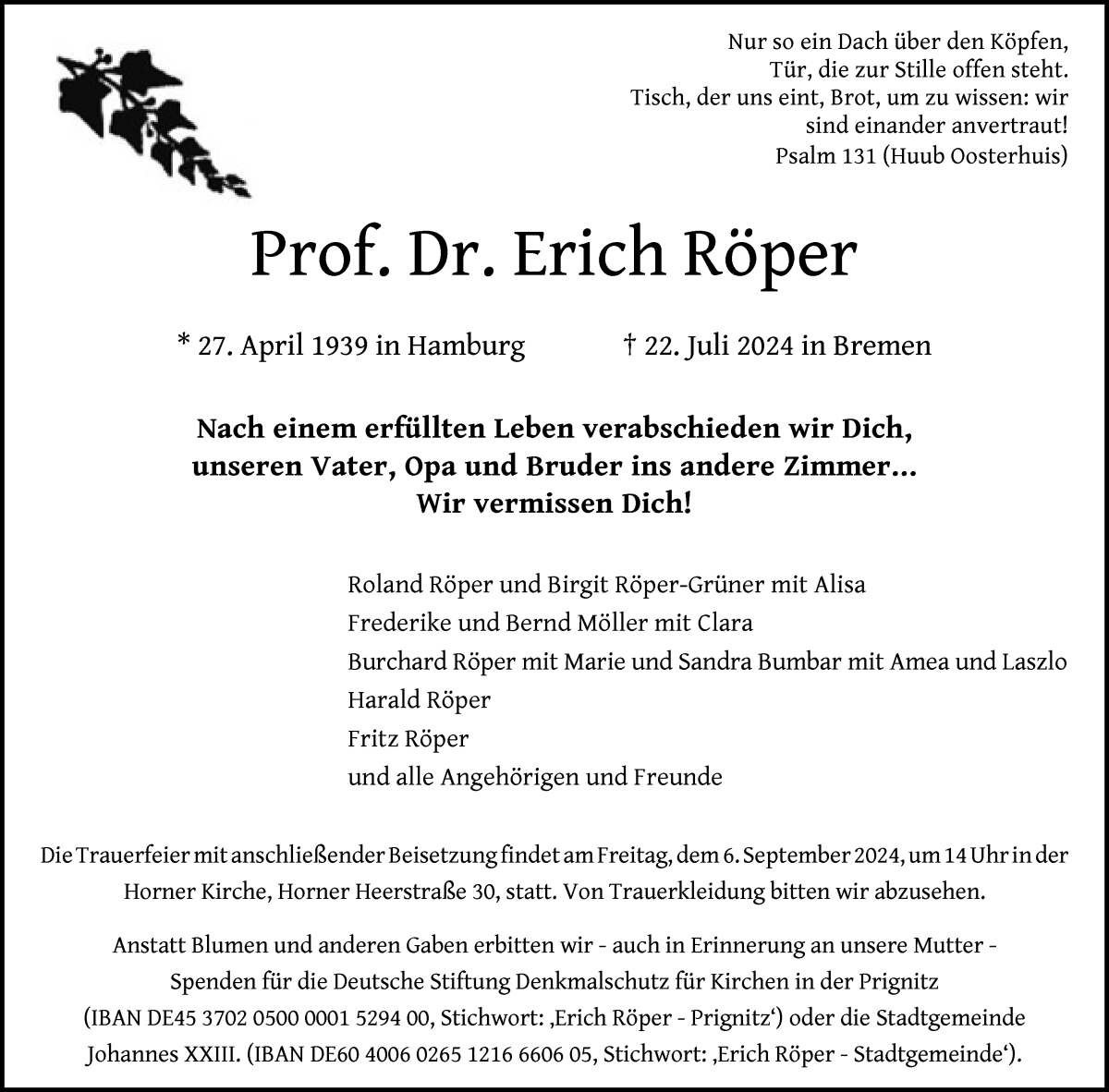 Traueranzeige von Erich Röper von WESER-KURIER