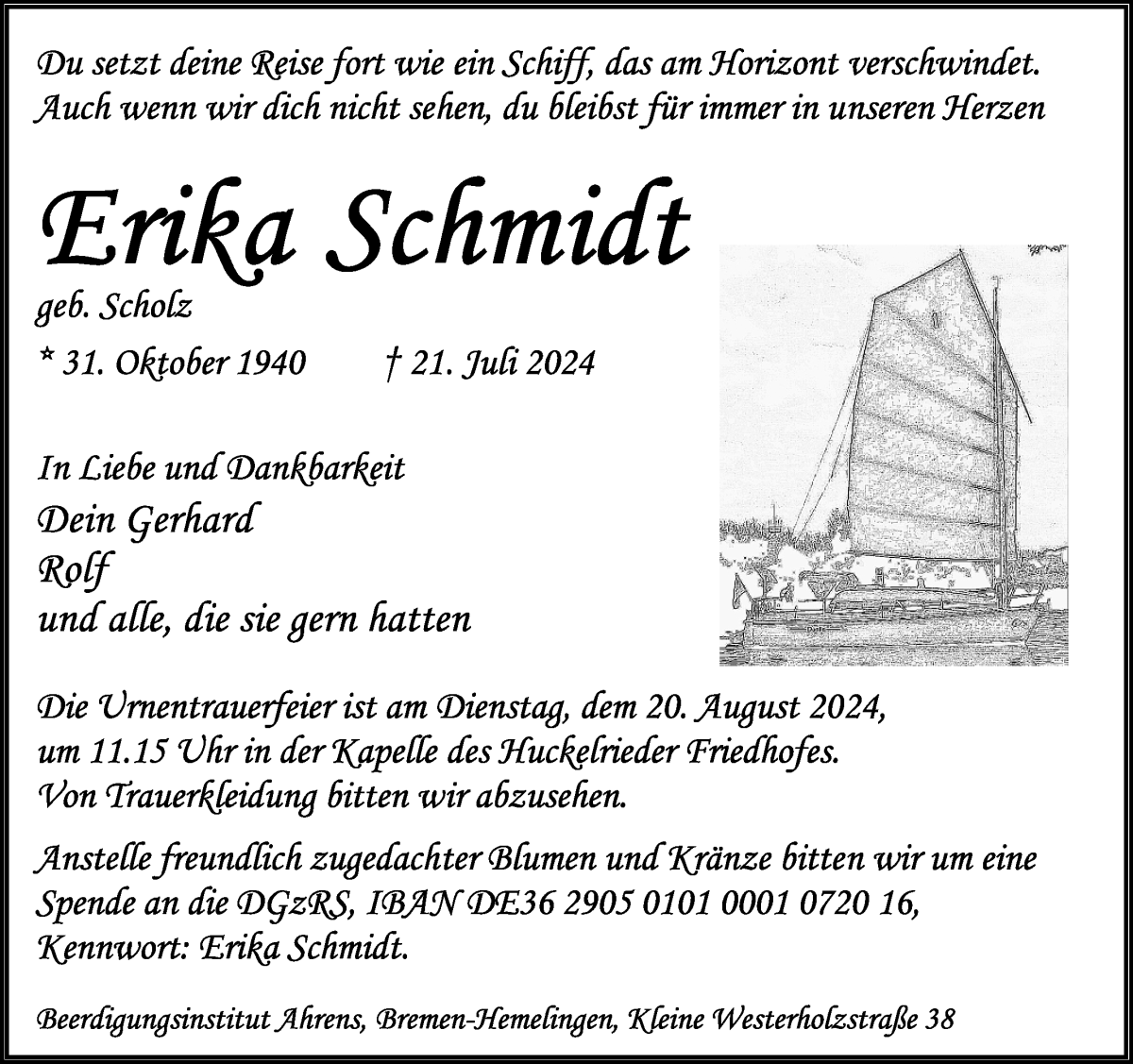 Traueranzeige von Erika Schmidt von WESER-KURIER