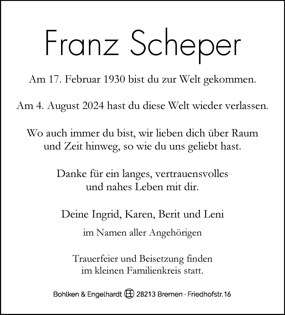 Traueranzeige von Frank Scheper von WESER-KURIER