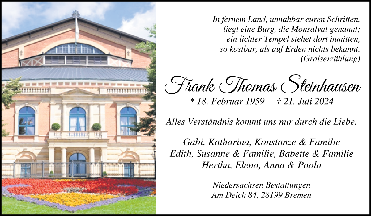 Traueranzeige von Frank Thomas Steinhausen von WESER-KURIER