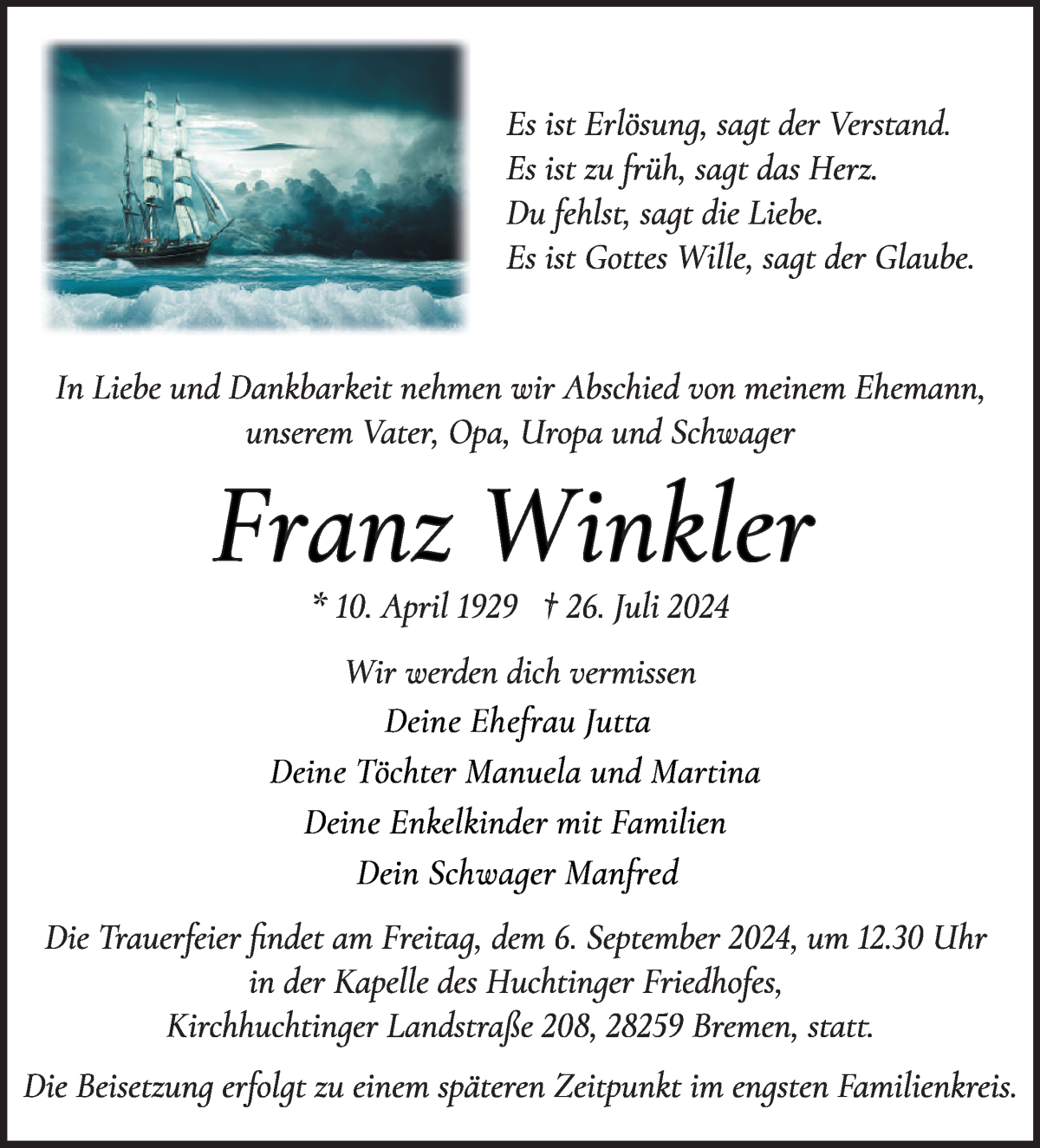 Traueranzeige von Franz Winkler von WESER-KURIER