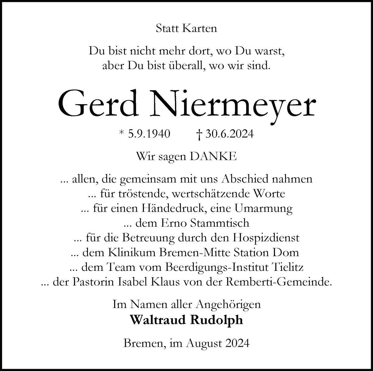 Traueranzeige von Gerd Niermeyer von WESER-KURIER