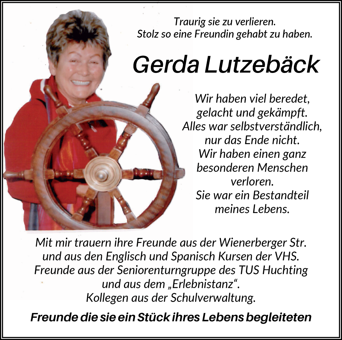 Traueranzeige von Gerda Lutzebäck von WESER-KURIER