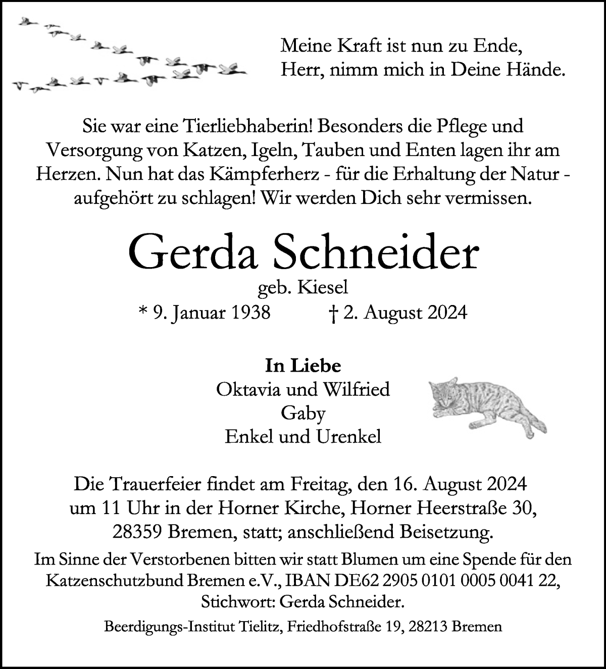 Traueranzeige von Gerda Schneider von WESER-KURIER