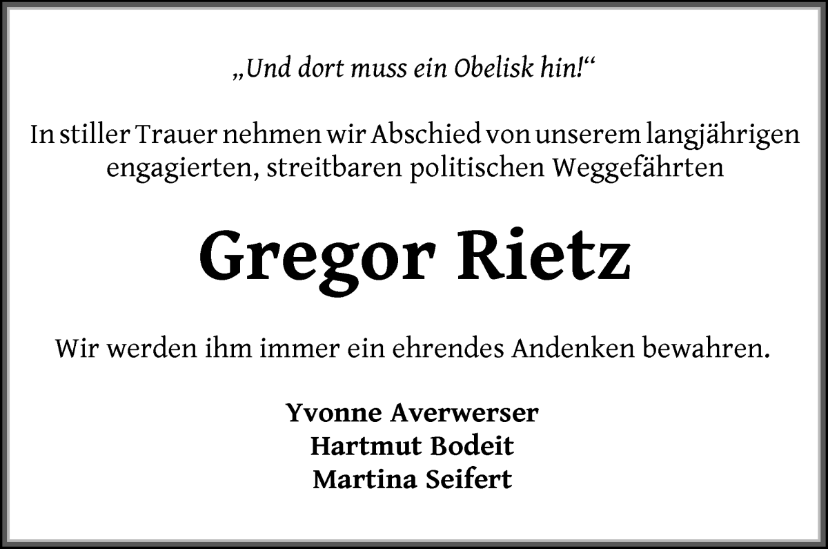 Traueranzeige von Gregor Rietz von WESER-KURIER