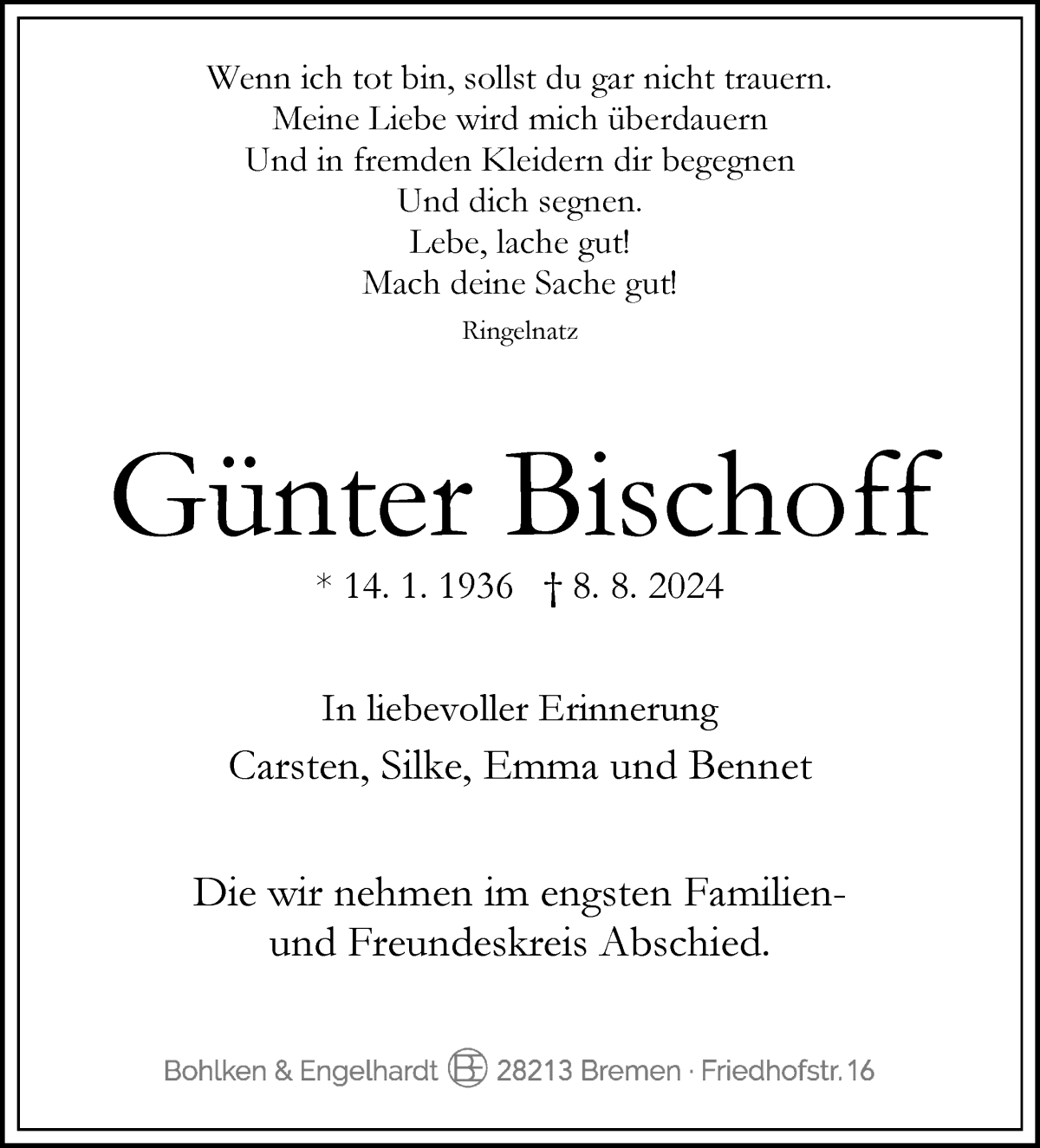 Traueranzeige von Günter Bischoff von WESER-KURIER