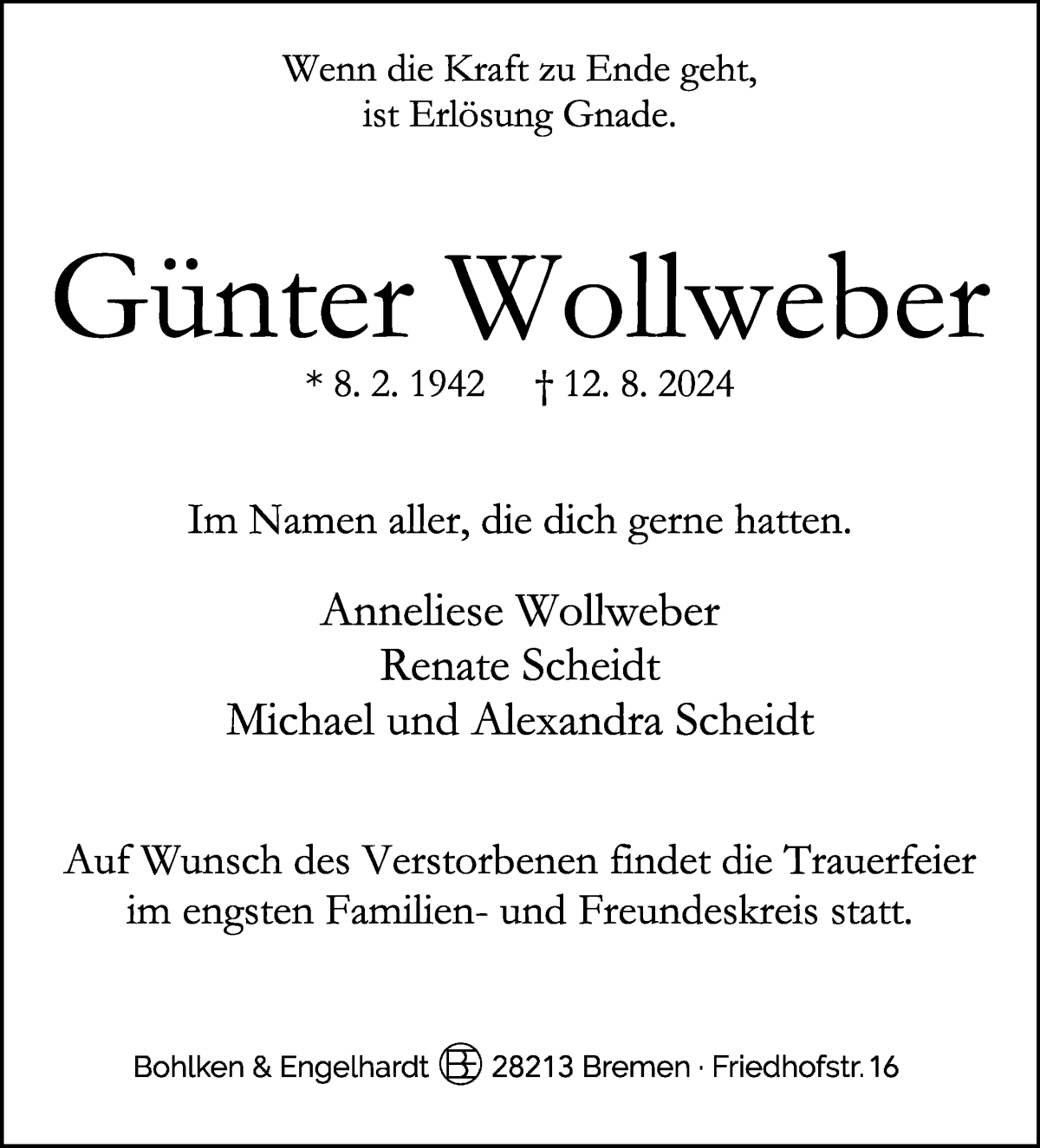 Traueranzeige von Günter Wollweber von WESER-KURIER