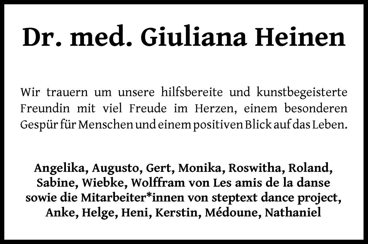 Traueranzeige von Guiliana Heinen von WESER-KURIER