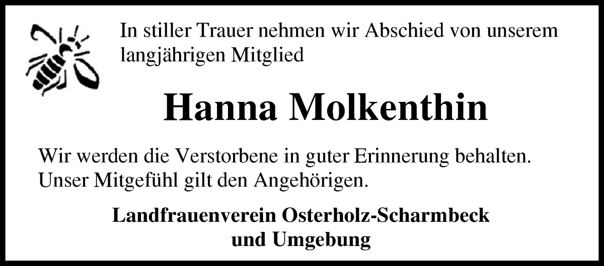 Traueranzeige von Hanna Molkenthin von Osterholzer Kreisblatt