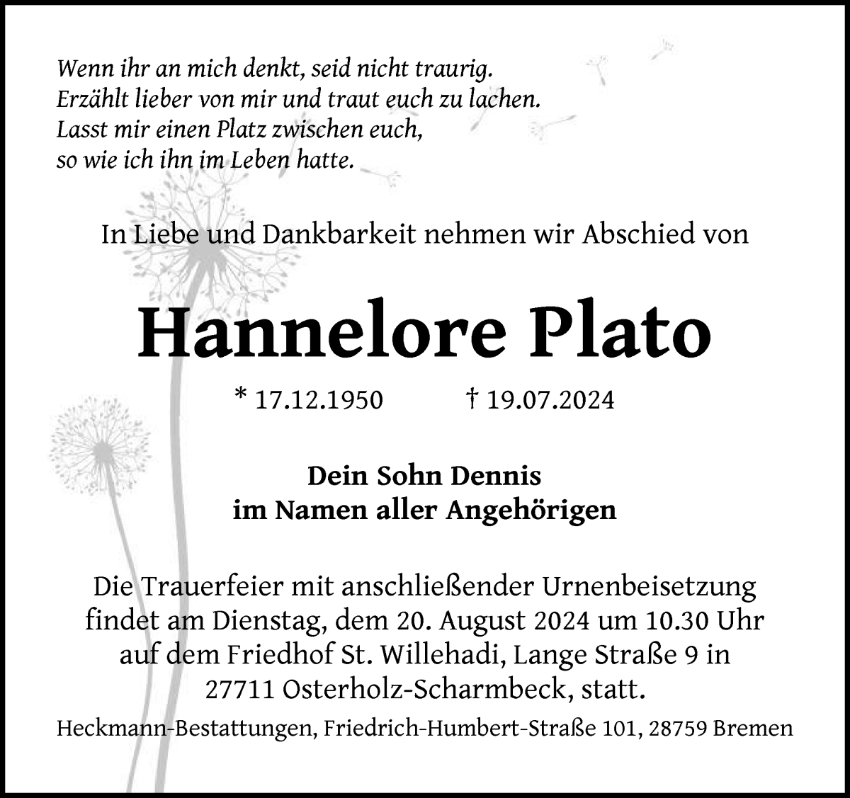 Traueranzeige von Hannelore Plato von Osterholzer Kreisblatt