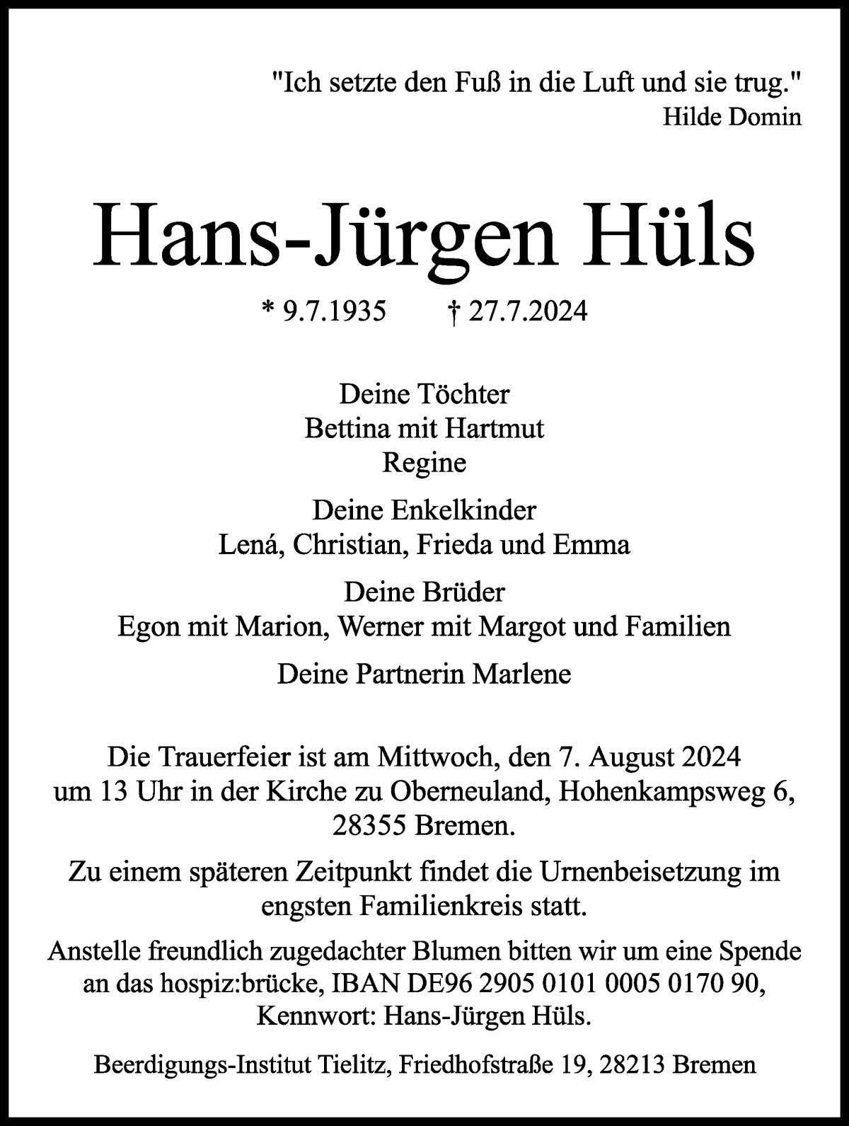 Traueranzeige von Hans-Jürgen Hüls von WESER-KURIER