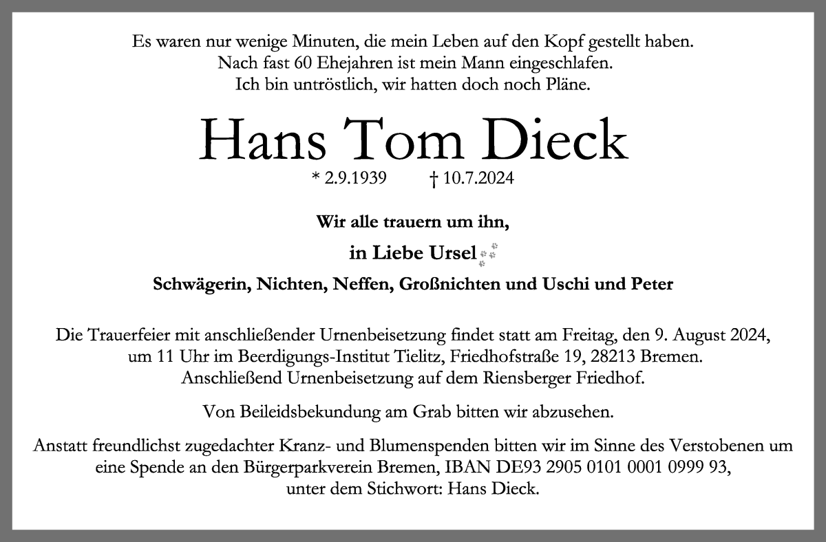 Traueranzeige von Hans Tom Dieck von WESER-KURIER