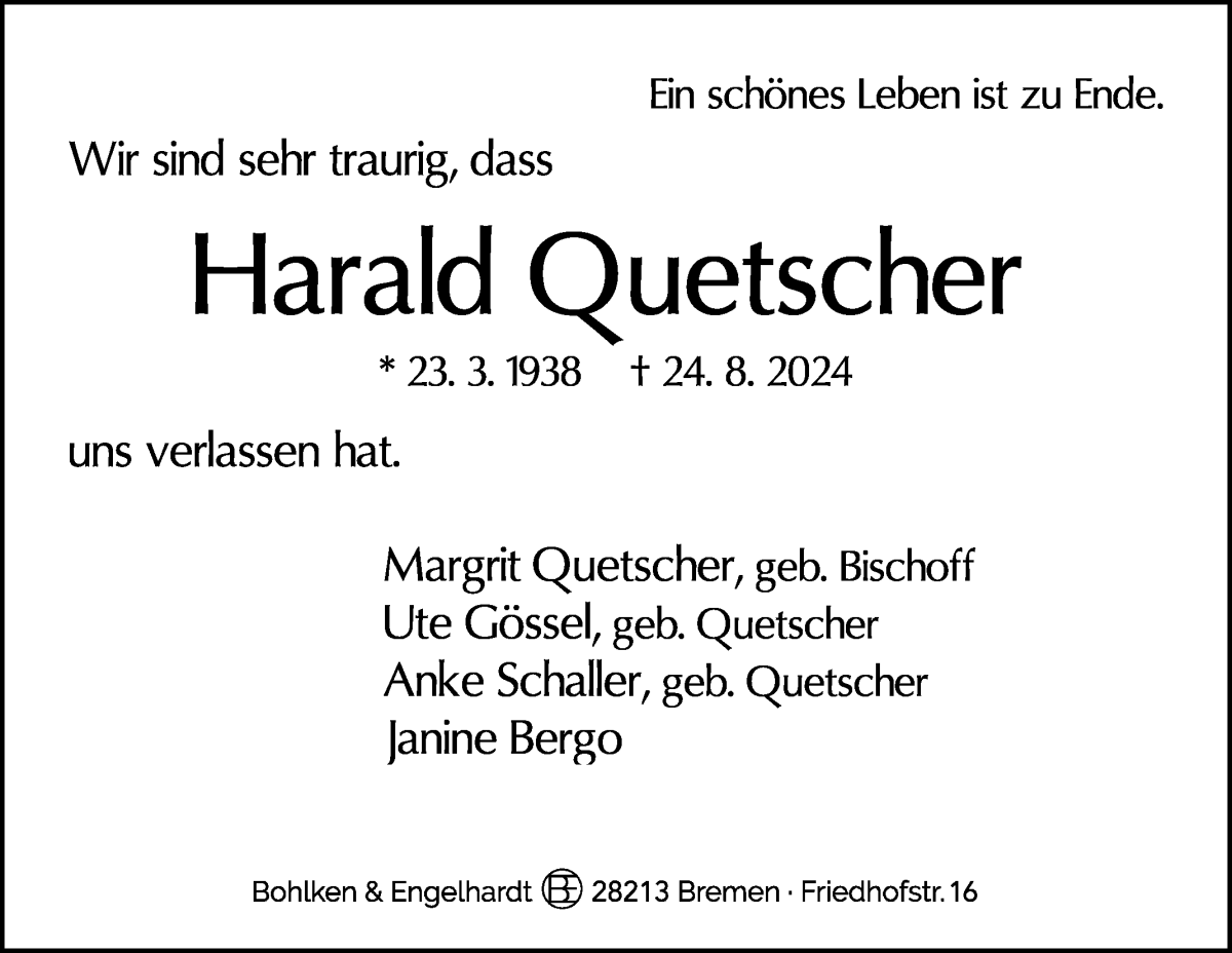 Traueranzeige von Harald Quetscher von WESER-KURIER