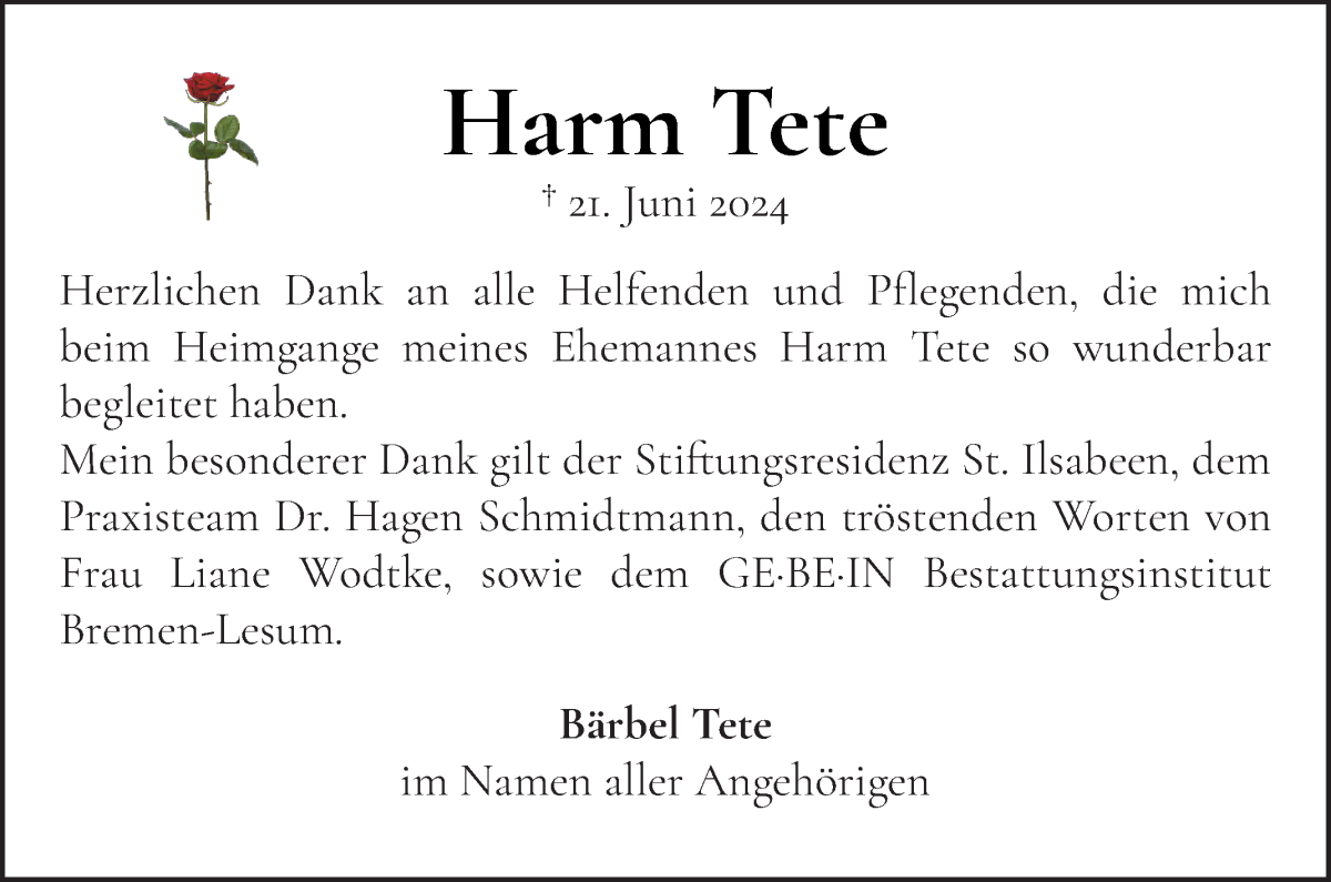 Traueranzeige von Harm Tete von Die Norddeutsche