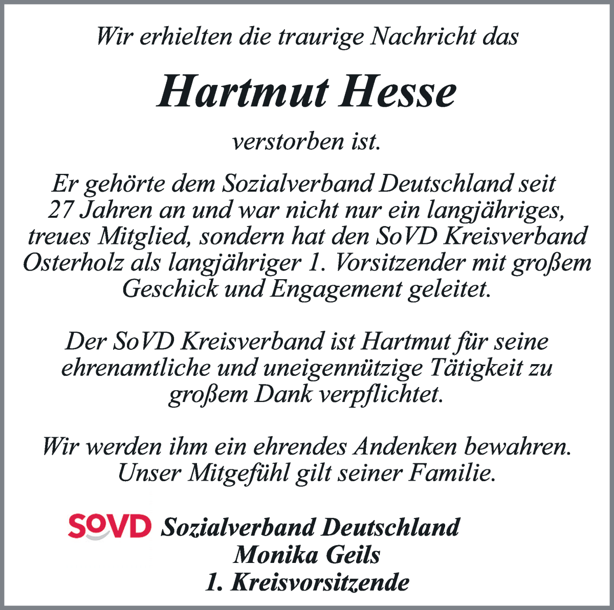 Traueranzeige von Hartmut Hesse von Osterholzer Kreisblatt