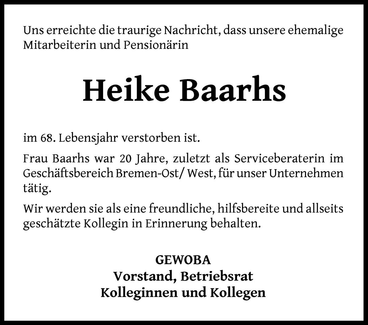 Traueranzeige von Heike Baahrs von WESER-KURIER