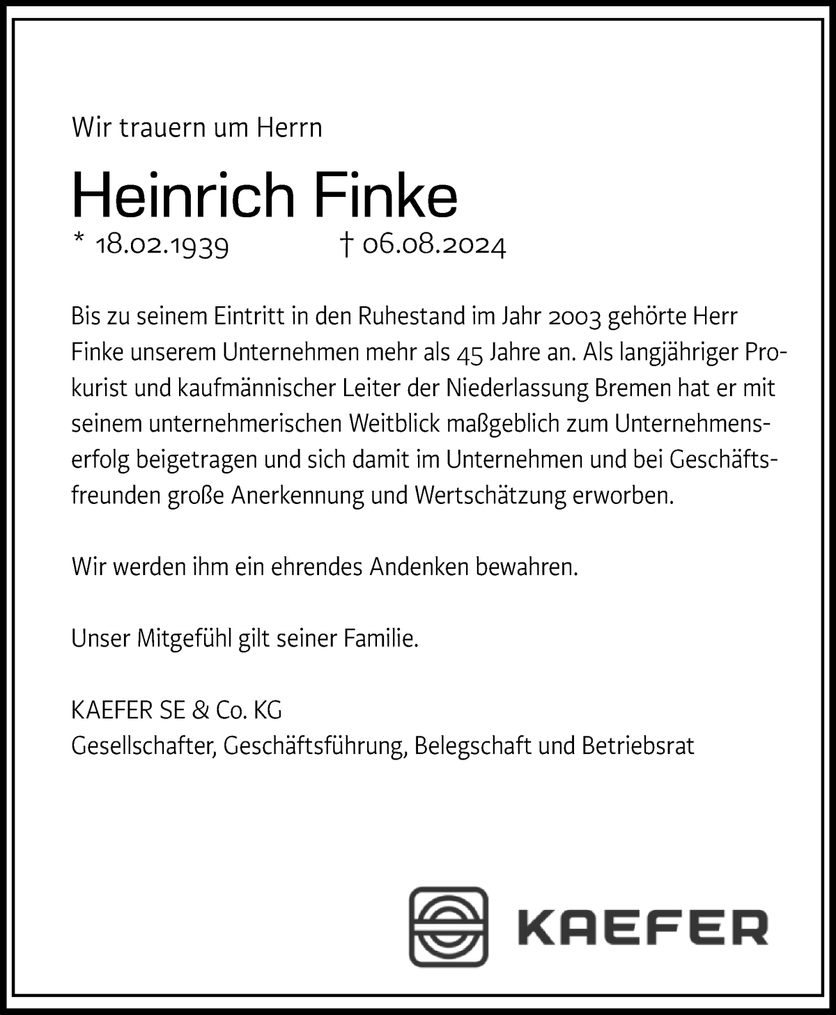 Traueranzeige von Heinrich Finke von WESER-KURIER