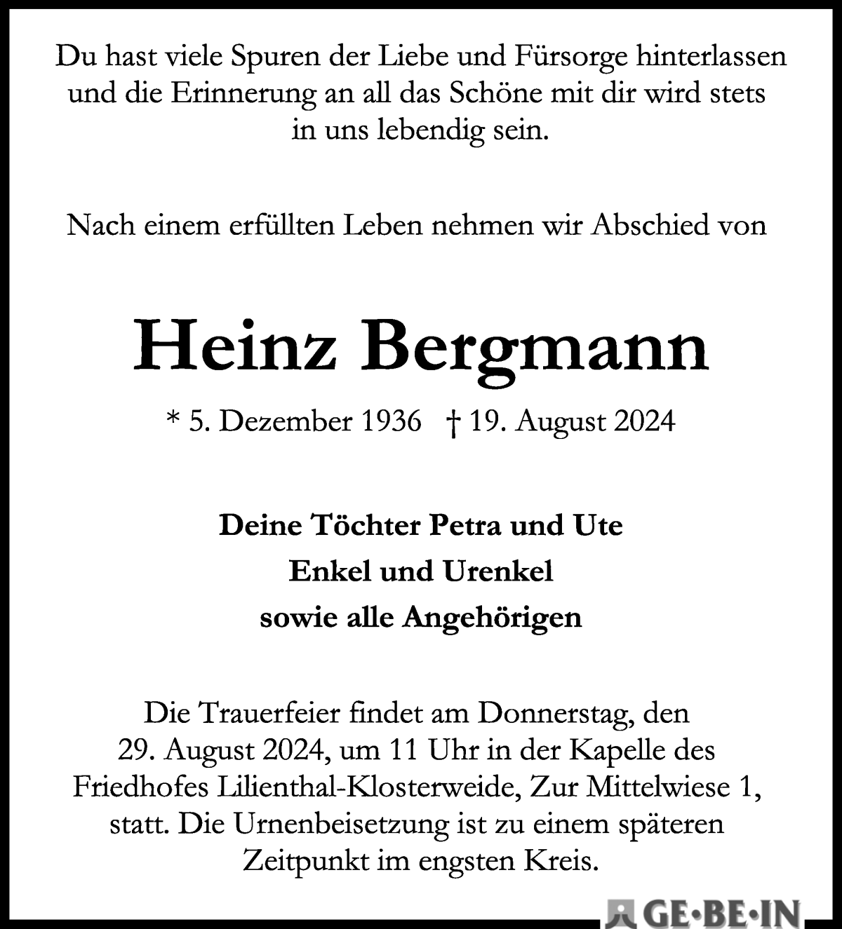 Traueranzeige von Heinz Bergmann von WESER-KURIER