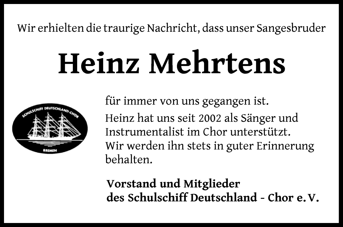 Traueranzeige von Heinz Mehrtens von Die Norddeutsche