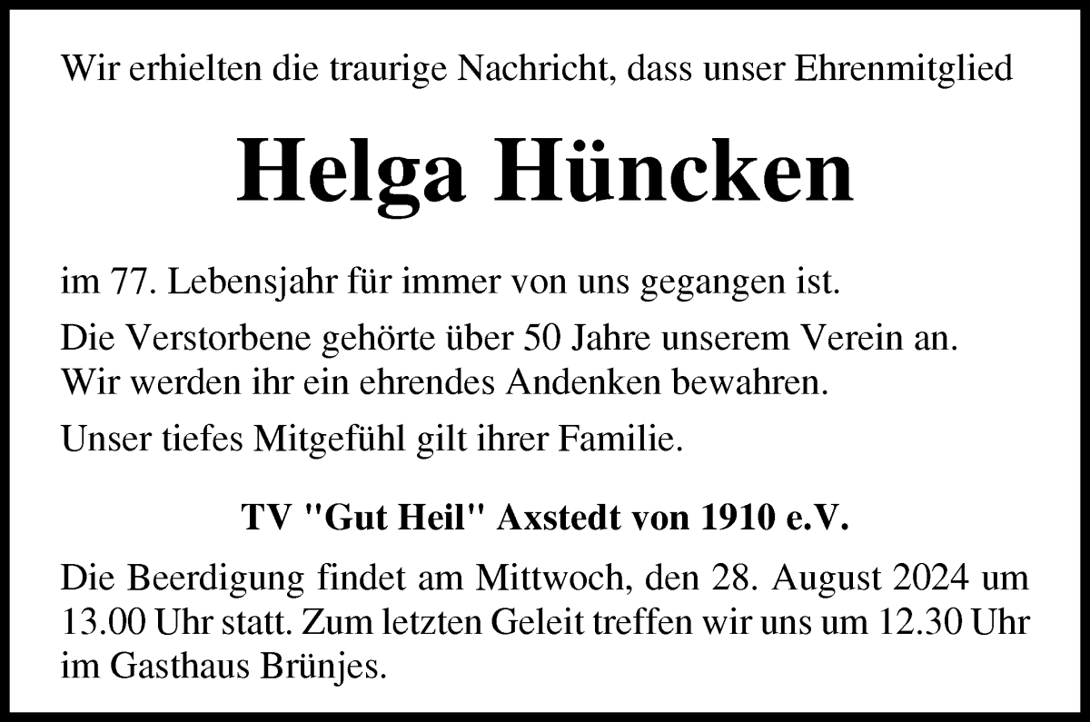 Traueranzeige von Helga Hüncken von Osterholzer Kreisblatt