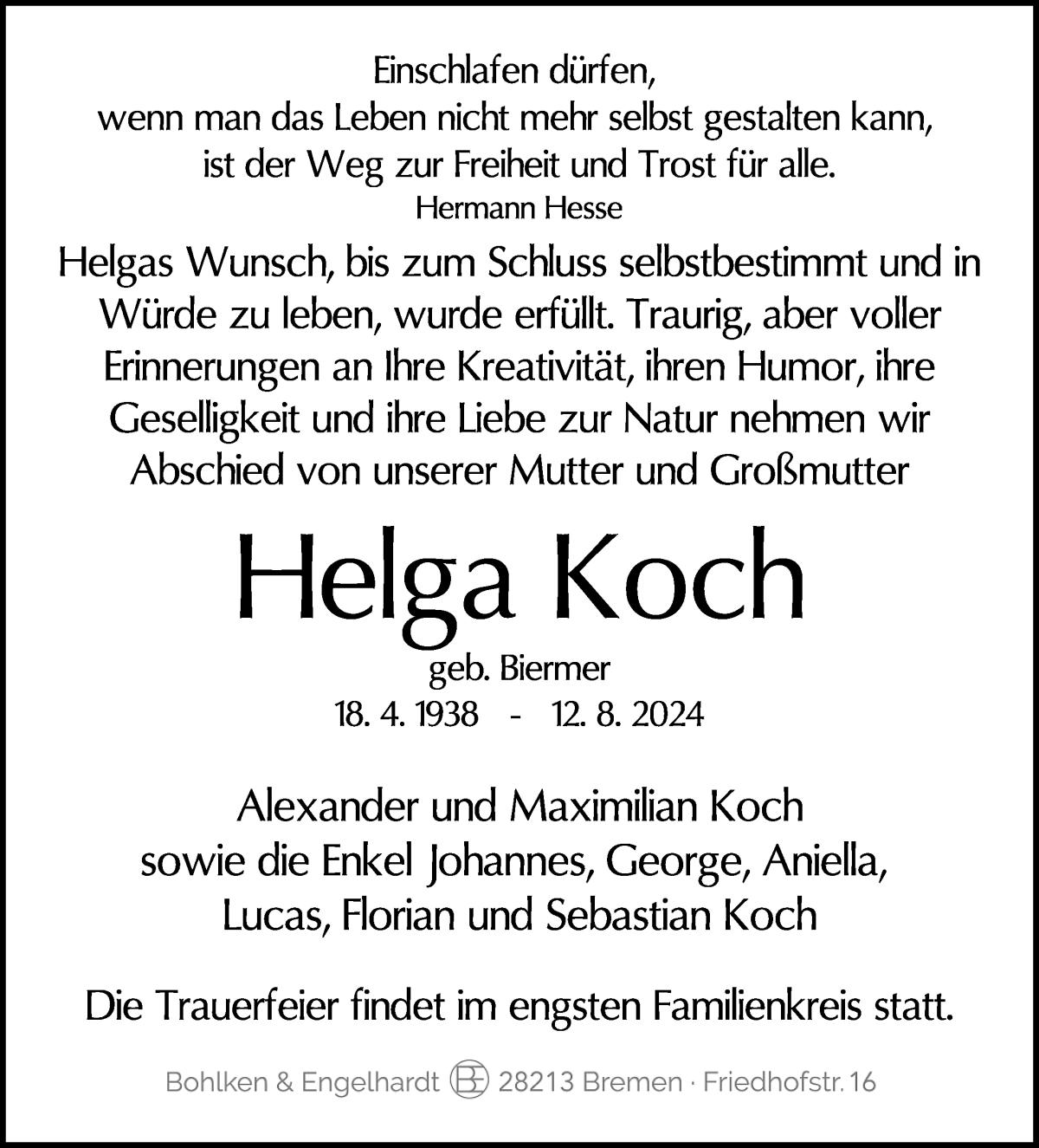 Traueranzeige von Helga Koch von WESER-KURIER