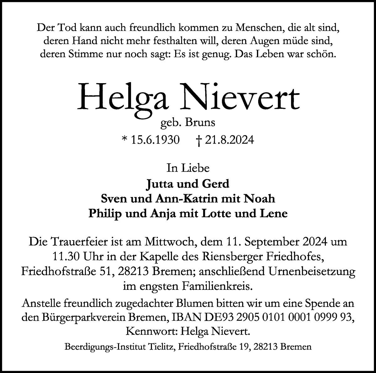 Traueranzeige von Helga Nievert von WESER-KURIER