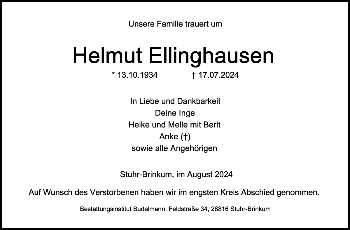 Traueranzeige von Helmut Ellinghausen von Regionale Rundschau/Syker Kurier