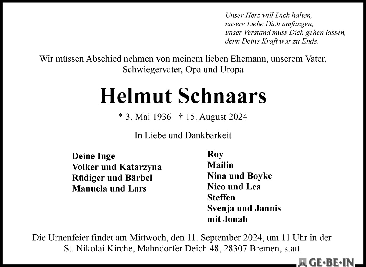 Traueranzeige von Helmut Schnaars von WESER-KURIER