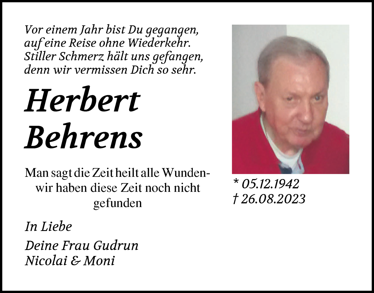 Traueranzeige von Herbert Behrens von Die Norddeutsche