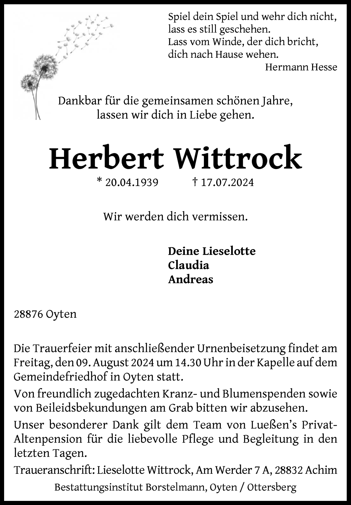 Traueranzeige von Herbert Wittrock von WESER-KURIER