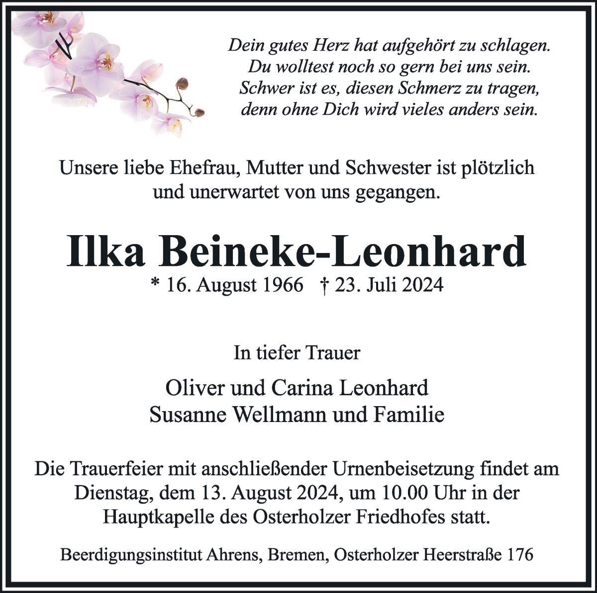 Traueranzeige von Ilka Beineke-Leonhard von WESER-KURIER