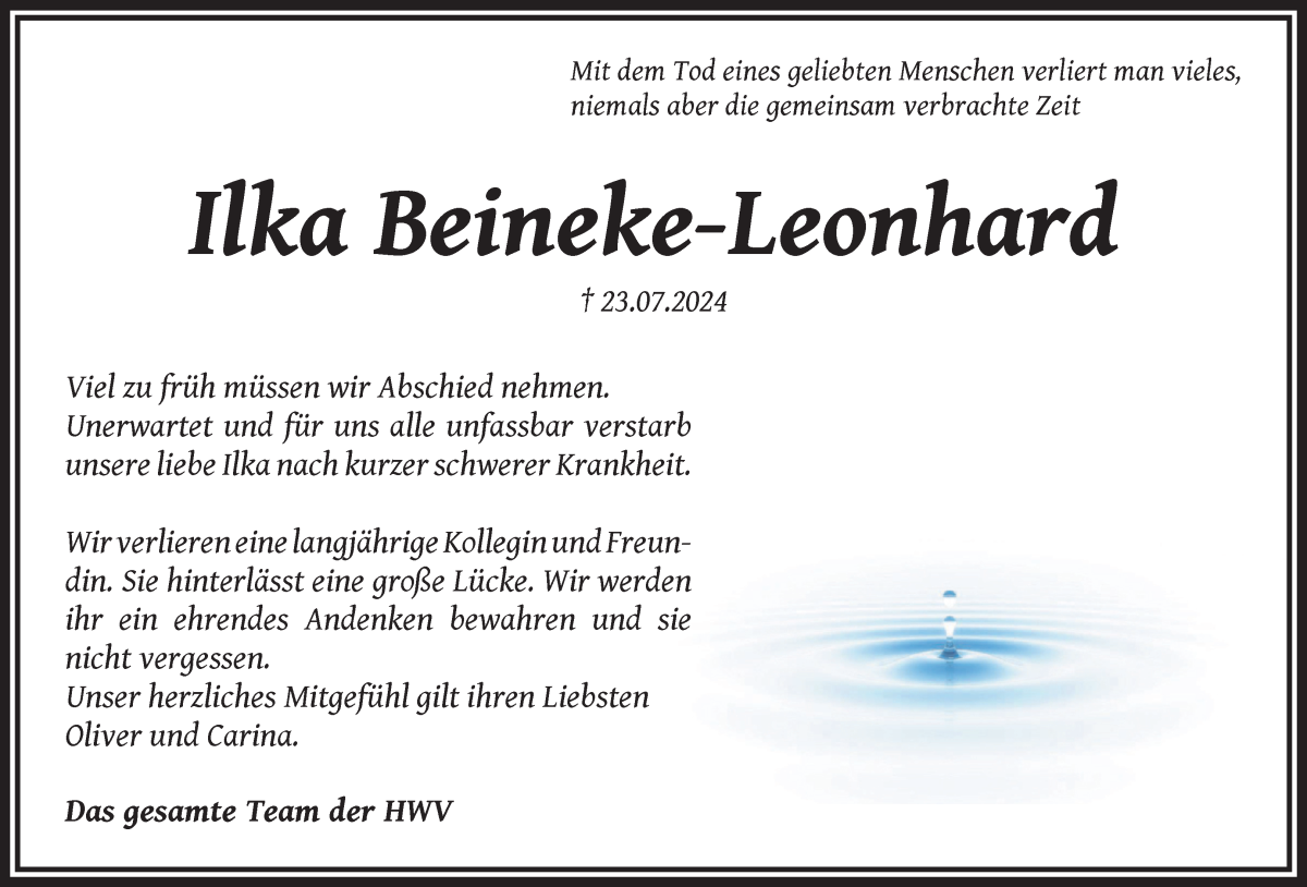 Traueranzeige von Ilka Beineke-Leonhard von WESER-KURIER