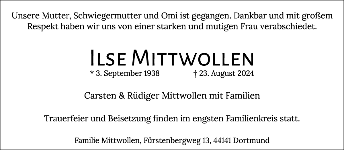 Traueranzeige von Ilse Mittwollen von WESER-KURIER