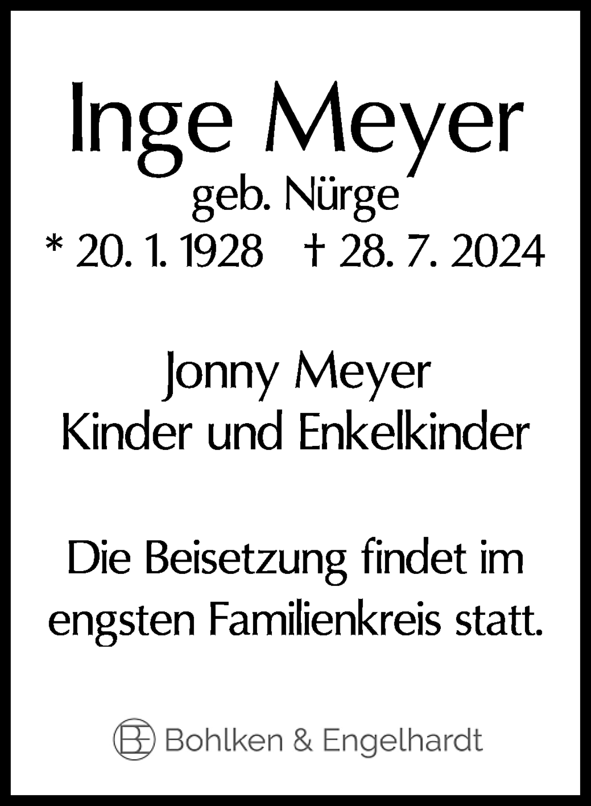 Traueranzeige von Inge Meyer von WESER-KURIER