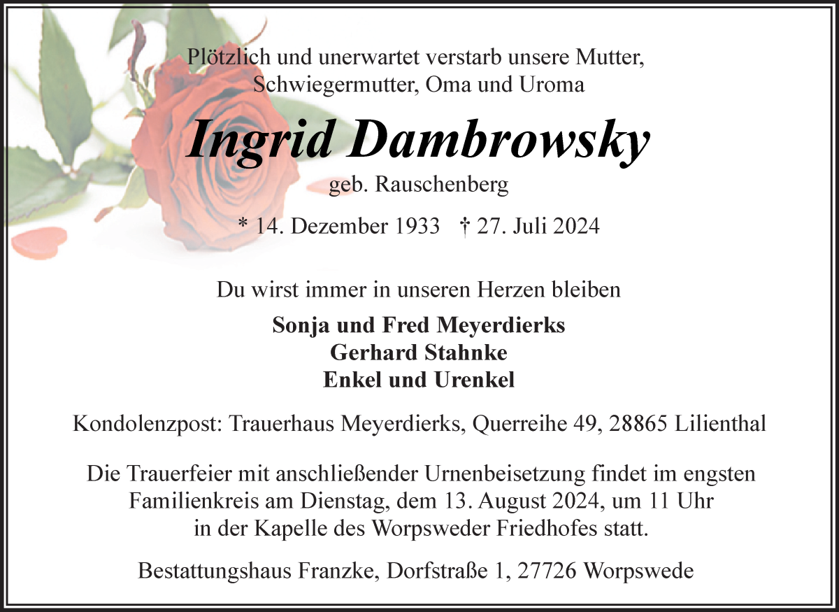 Traueranzeige von Ingrid Dambrowsky von Wuemme Zeitung