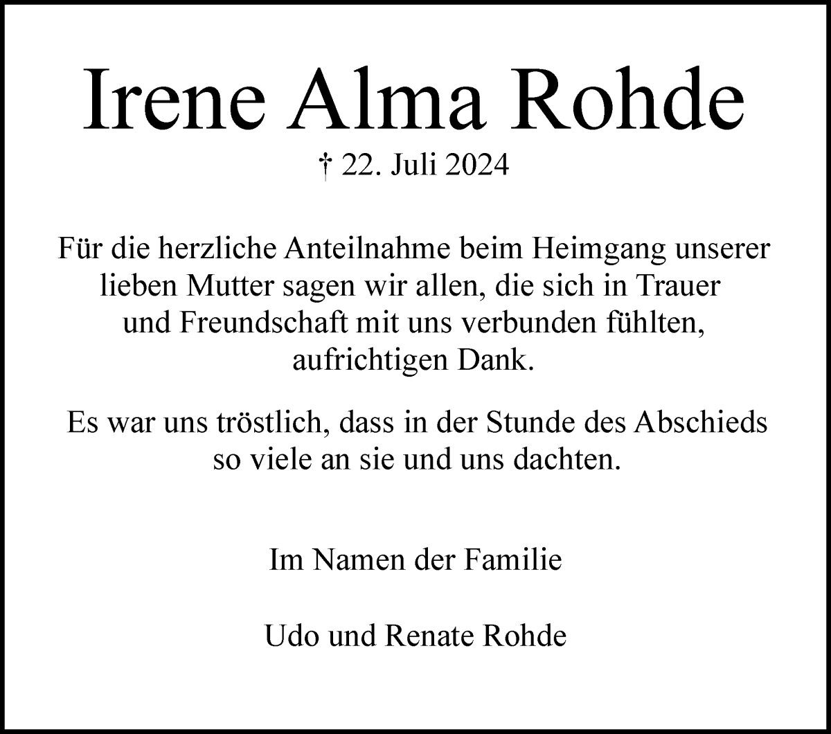 Traueranzeige von Irene Alma Rohde von WESER-KURIER