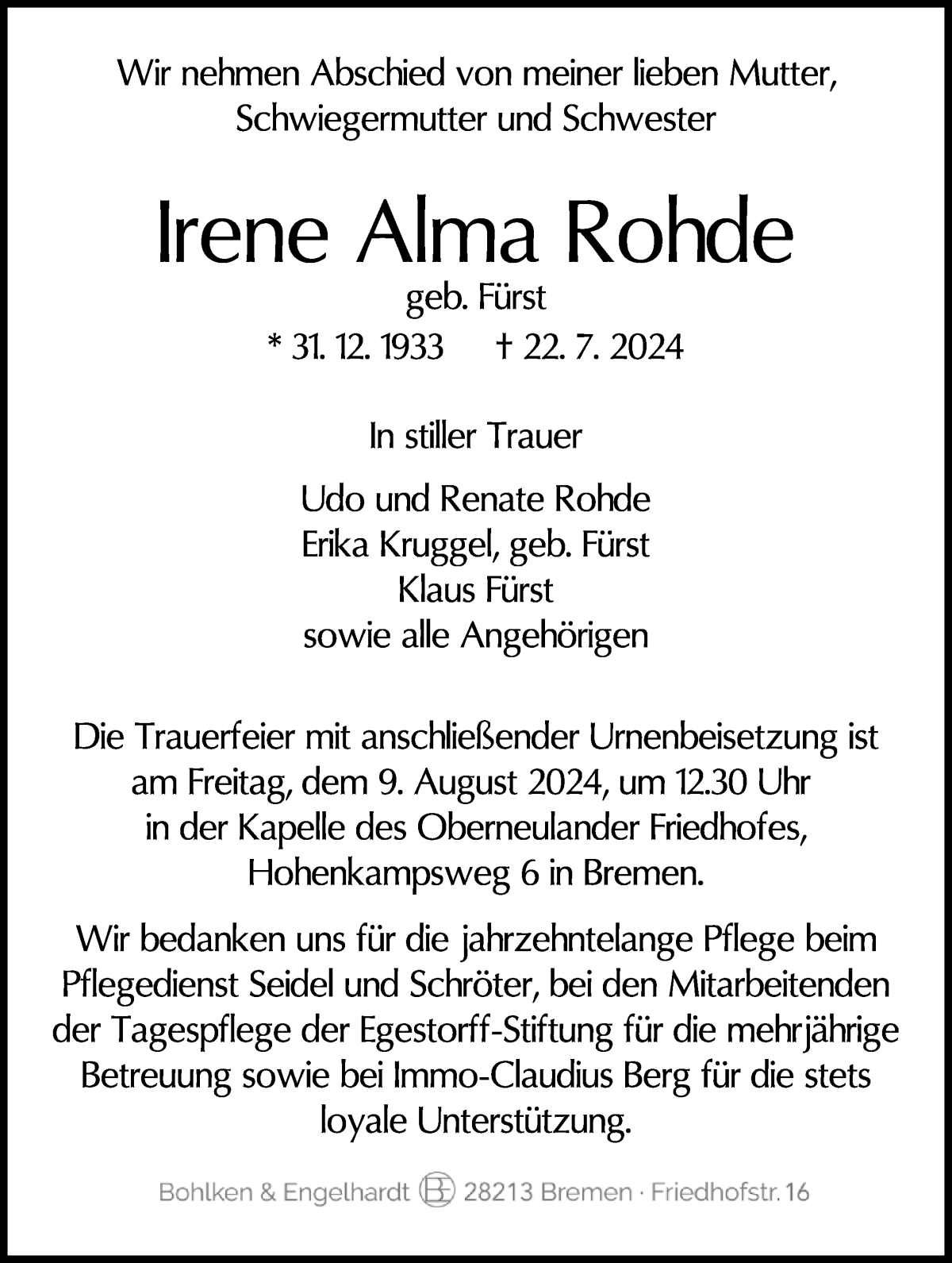 Traueranzeige von Irene Alma Rohde von WESER-KURIER