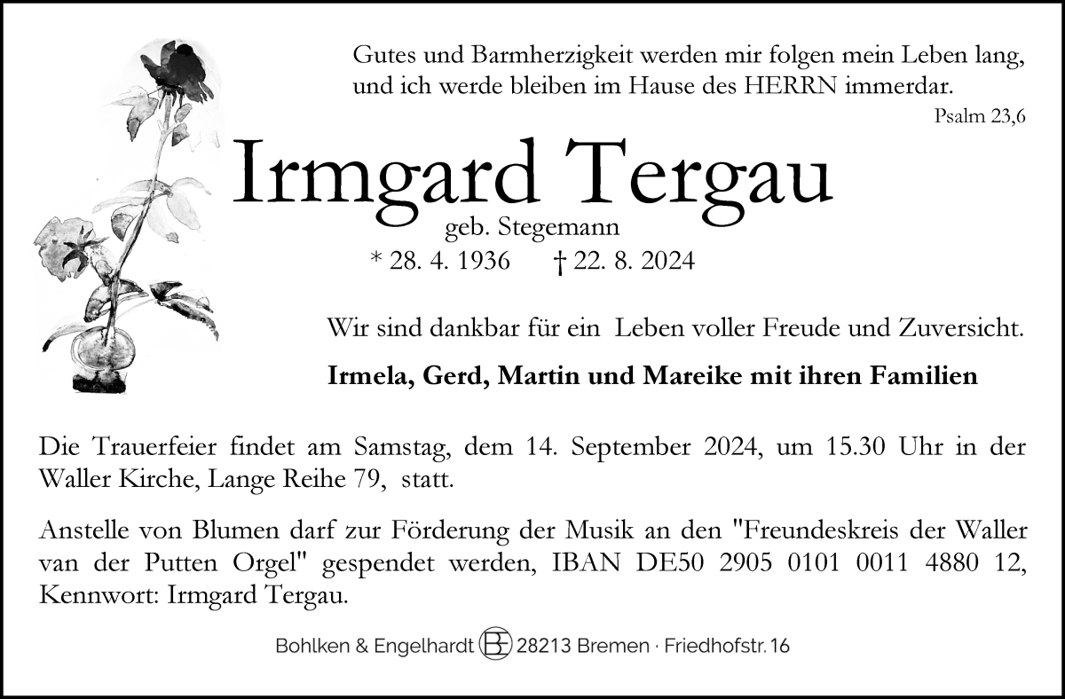 Traueranzeige von Irmgard Tergau von WESER-KURIER