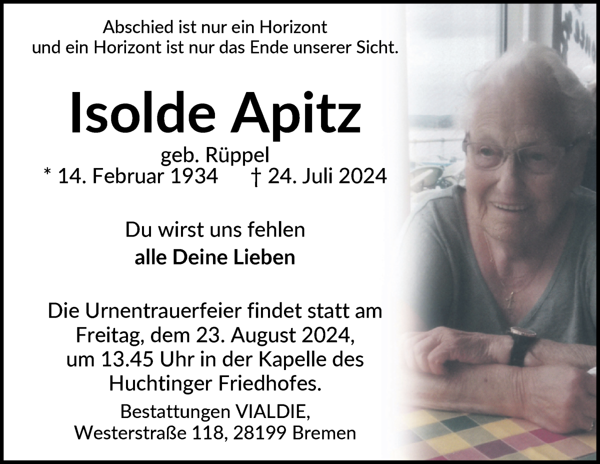 Traueranzeige von Isolde Apitz von WESER-KURIER