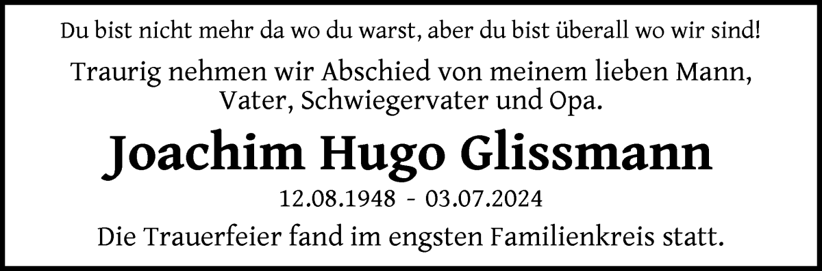 Traueranzeige von Joachim Hugo Glissmann von WESER-KURIER