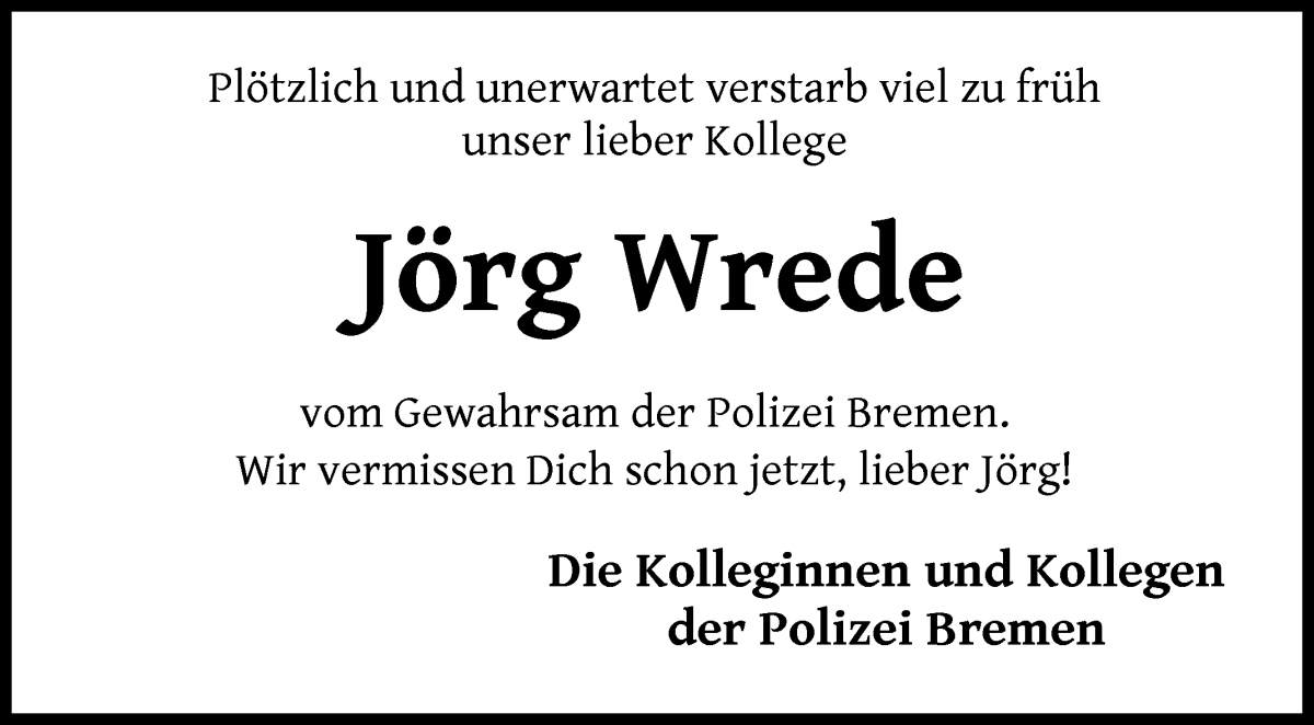 Traueranzeige von Jörg Wrede von WESER-KURIER