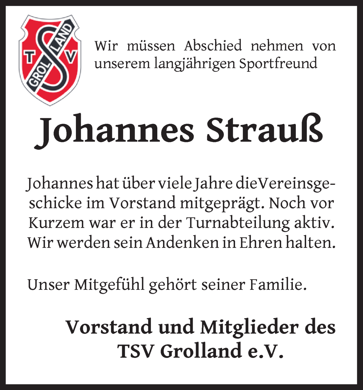 Traueranzeige von Johannes Strauß von WESER-KURIER