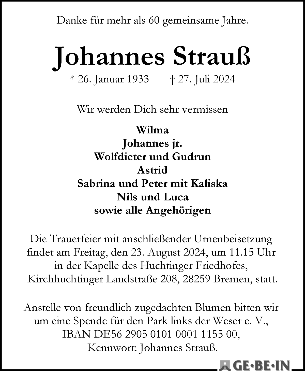 Traueranzeige von Johannes Strauß von WESER-KURIER